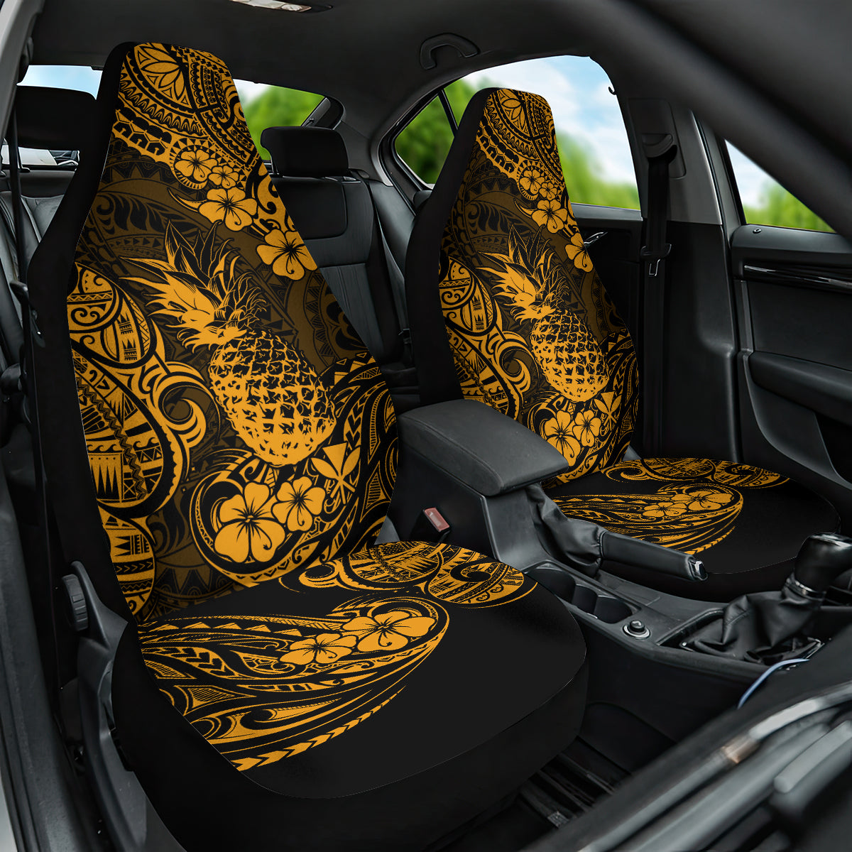 Hawaii Pineapple Car Seat Cover Paradise Flowers Pacific With Gold Polynesian Tribal - Wonder Print Shop