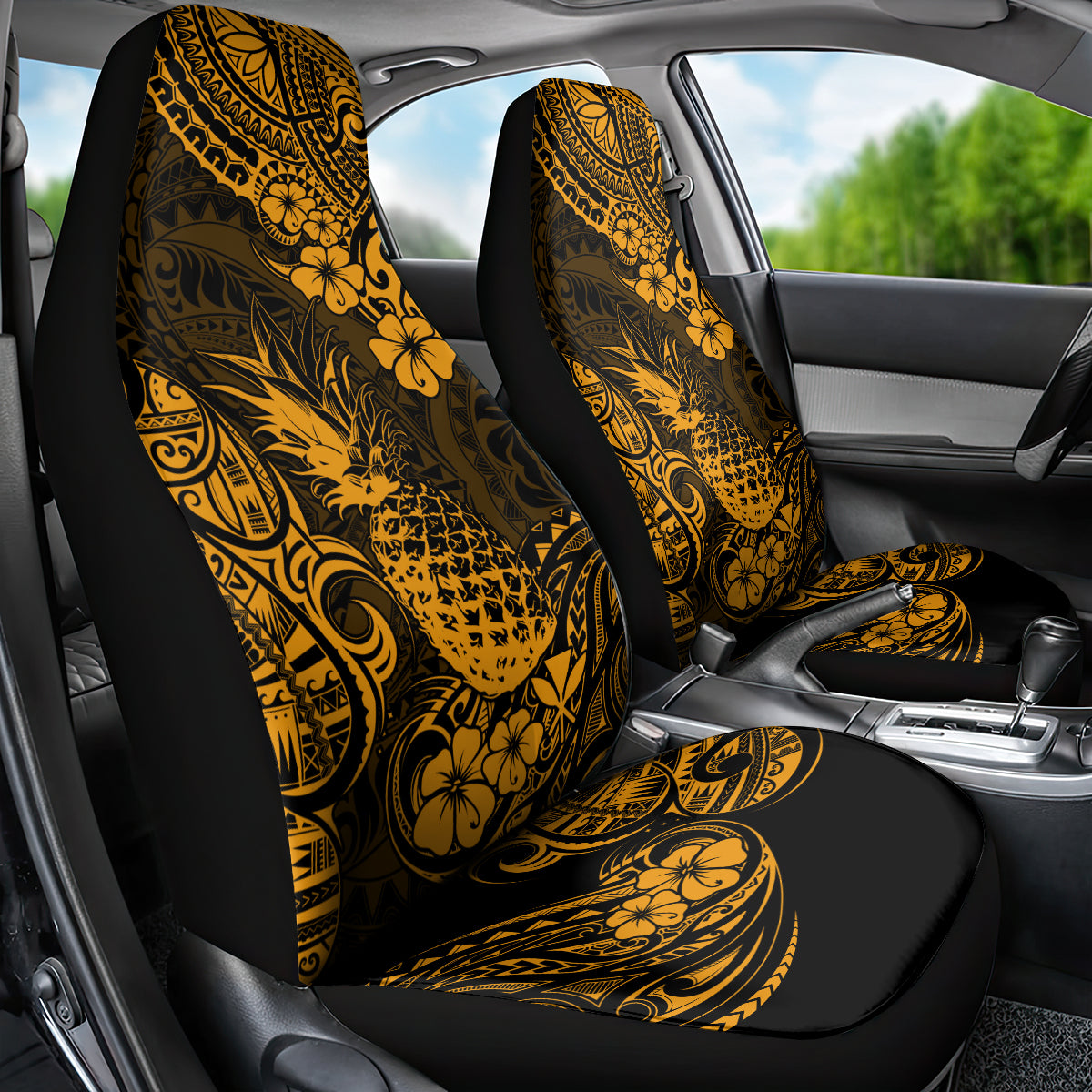 Hawaii Pineapple Car Seat Cover Paradise Flowers Pacific With Gold Polynesian Tribal - Wonder Print Shop
