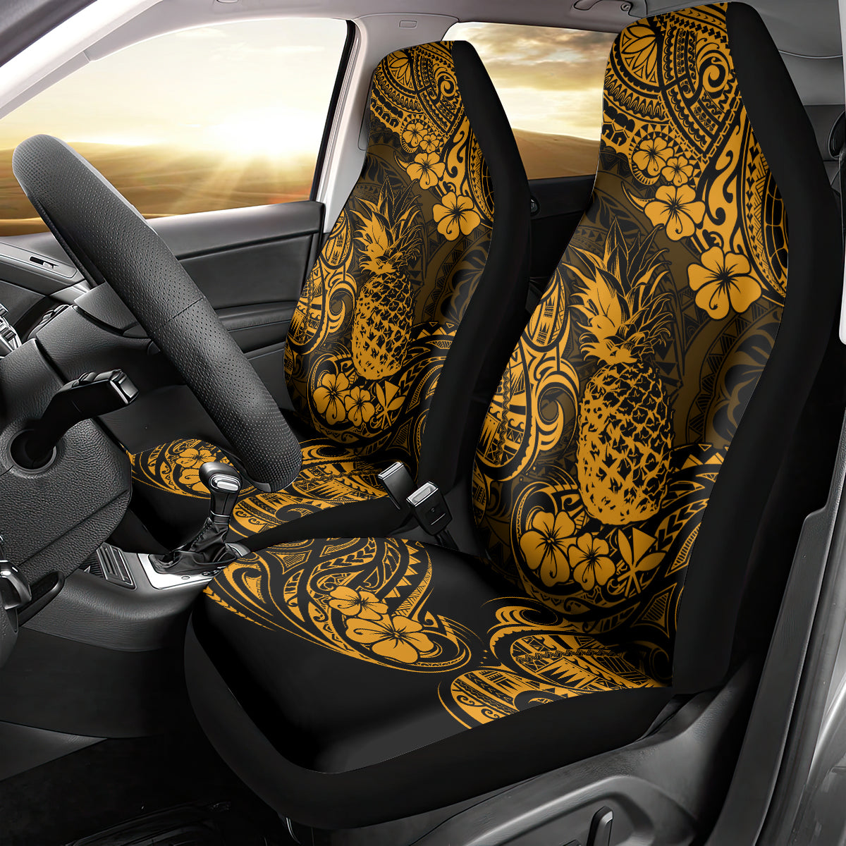 Hawaii Pineapple Car Seat Cover Paradise Flowers Pacific With Gold Polynesian Tribal - Wonder Print Shop