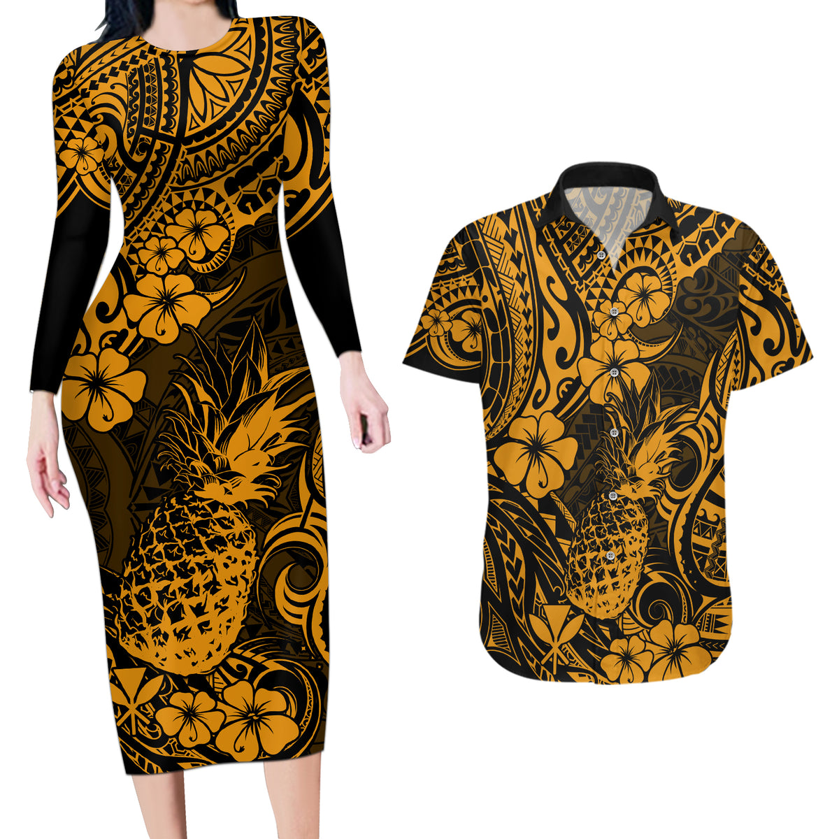 Hawaii Pineapple Couples Matching Long Sleeve Bodycon Dress and Hawaiian Shirt Paradise Flowers Pacific With Gold Polynesian Tribal - Wonder Print Shop