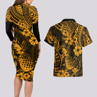 Hawaii Pineapple Couples Matching Long Sleeve Bodycon Dress and Hawaiian Shirt Paradise Flowers Pacific With Gold Polynesian Tribal - Wonder Print Shop