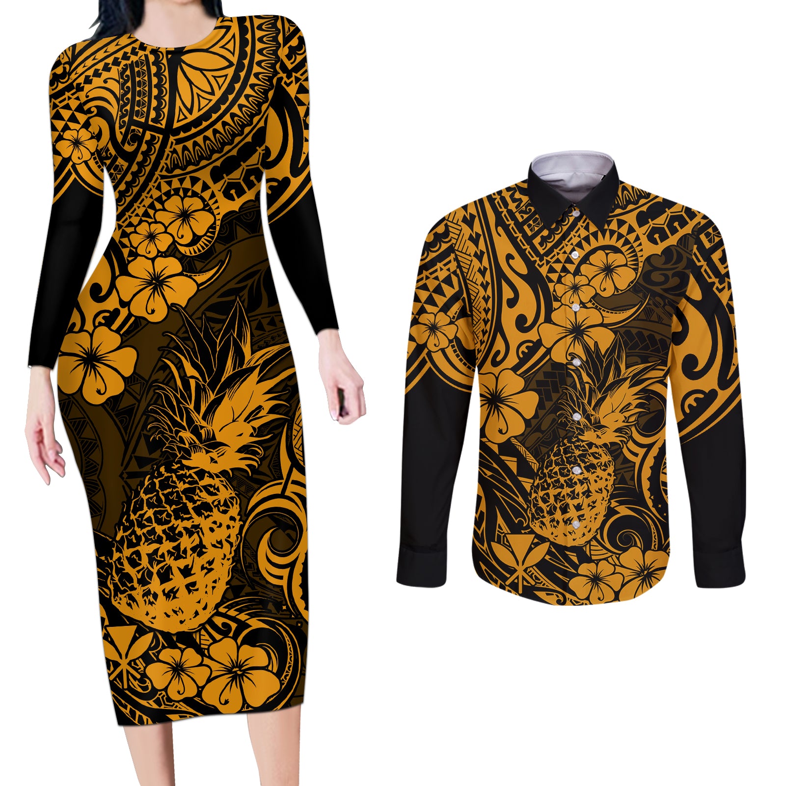 Hawaii Pineapple Couples Matching Long Sleeve Bodycon Dress and Long Sleeve Button Shirts Paradise Flowers Pacific With Gold Polynesian Tribal - Wonder Print Shop