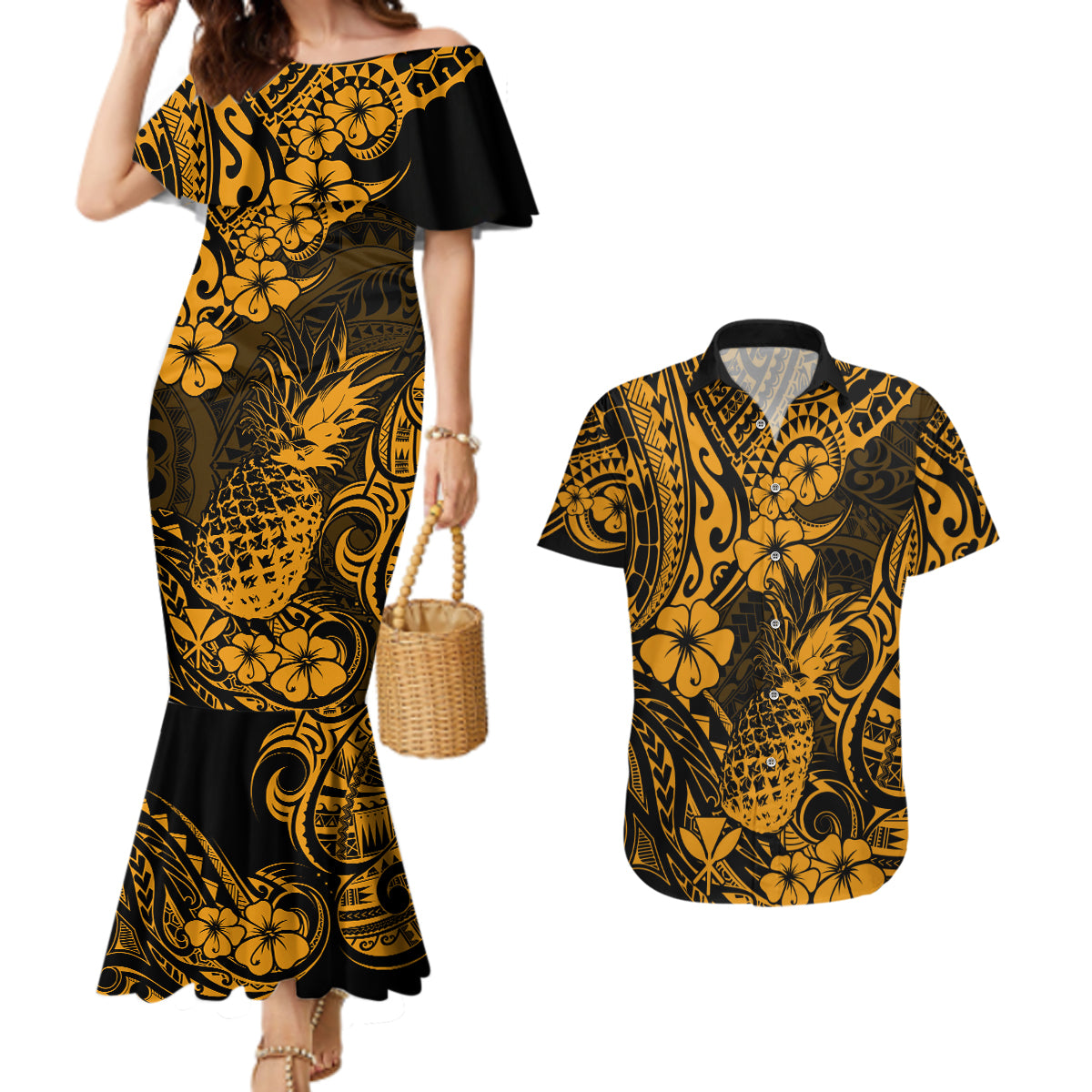 Hawaii Pineapple Couples Matching Mermaid Dress and Hawaiian Shirt Paradise Flowers Pacific With Gold Polynesian Tribal - Wonder Print Shop