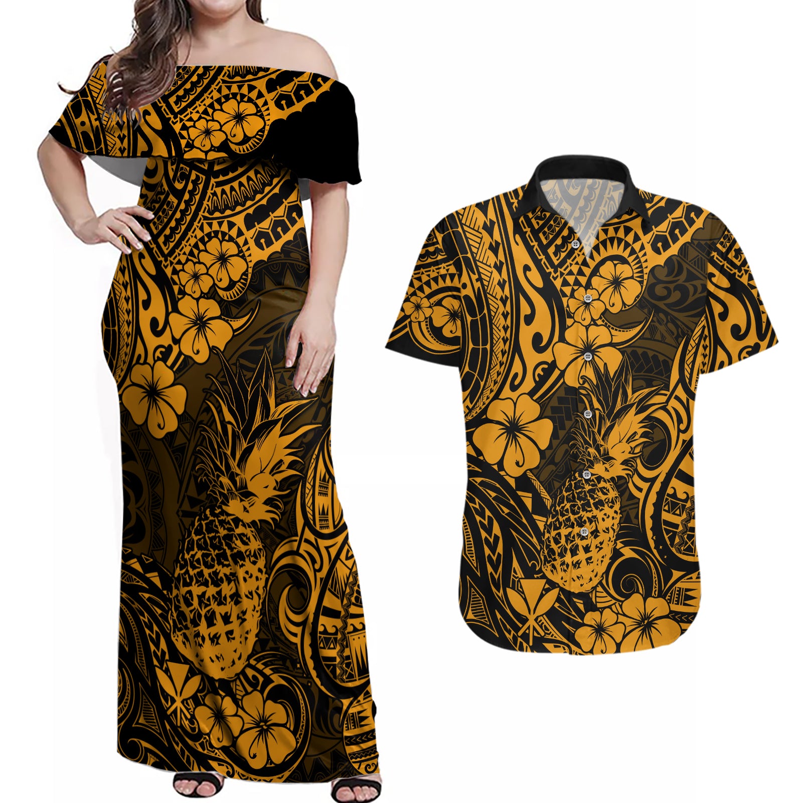 Hawaii Pineapple Couples Matching Off Shoulder Maxi Dress and Hawaiian Shirt Paradise Flowers Pacific With Gold Polynesian Tribal - Wonder Print Shop