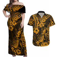 Hawaii Pineapple Couples Matching Off Shoulder Maxi Dress and Hawaiian Shirt Paradise Flowers Pacific With Gold Polynesian Tribal - Wonder Print Shop