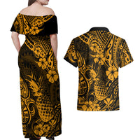 Hawaii Pineapple Couples Matching Off Shoulder Maxi Dress and Hawaiian Shirt Paradise Flowers Pacific With Gold Polynesian Tribal - Wonder Print Shop