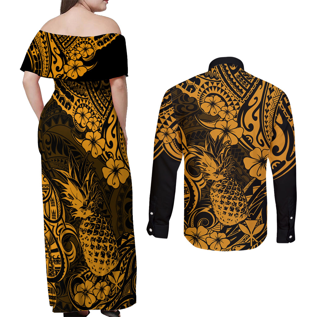 Hawaii Pineapple Couples Matching Off Shoulder Maxi Dress and Long Sleeve Button Shirts Paradise Flowers Pacific With Gold Polynesian Tribal - Wonder Print Shop