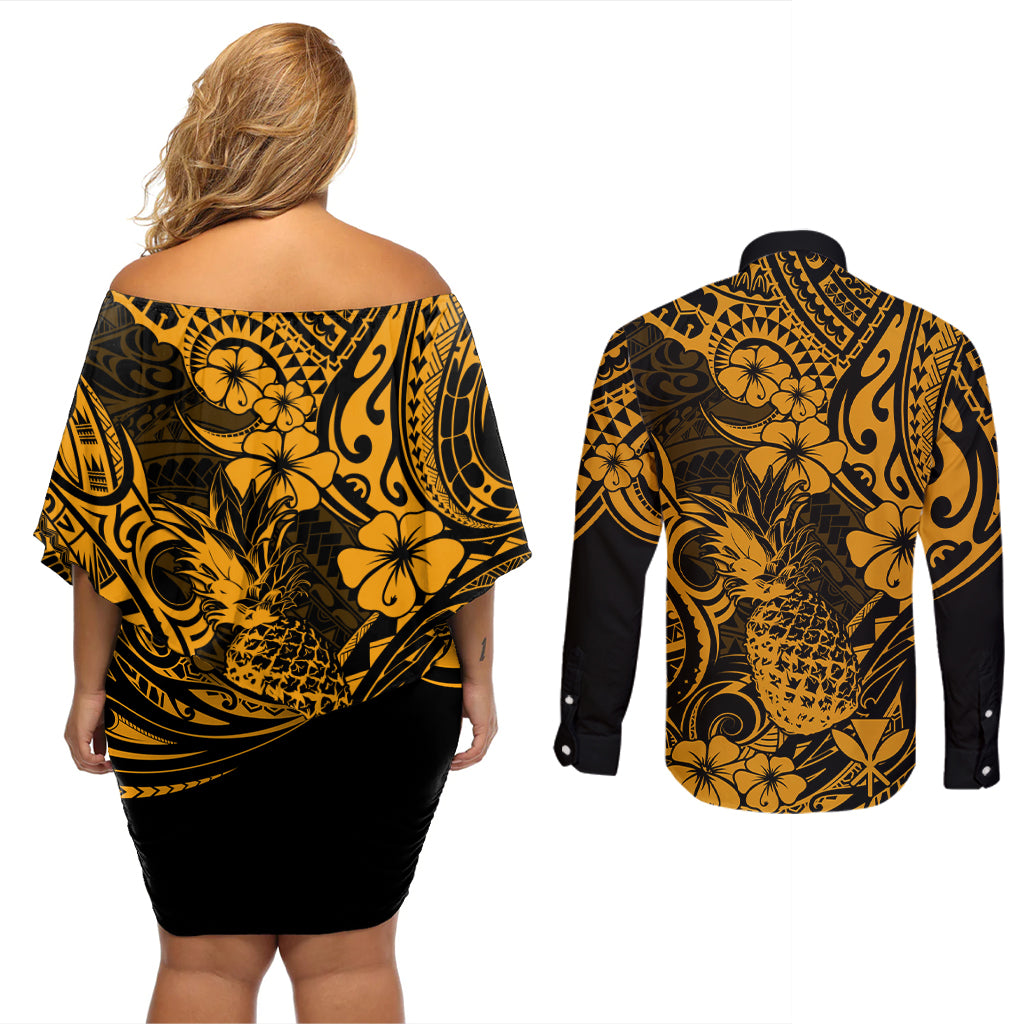 Hawaii Pineapple Couples Matching Off Shoulder Short Dress and Long Sleeve Button Shirts Paradise Flowers Pacific With Gold Polynesian Tribal - Wonder Print Shop