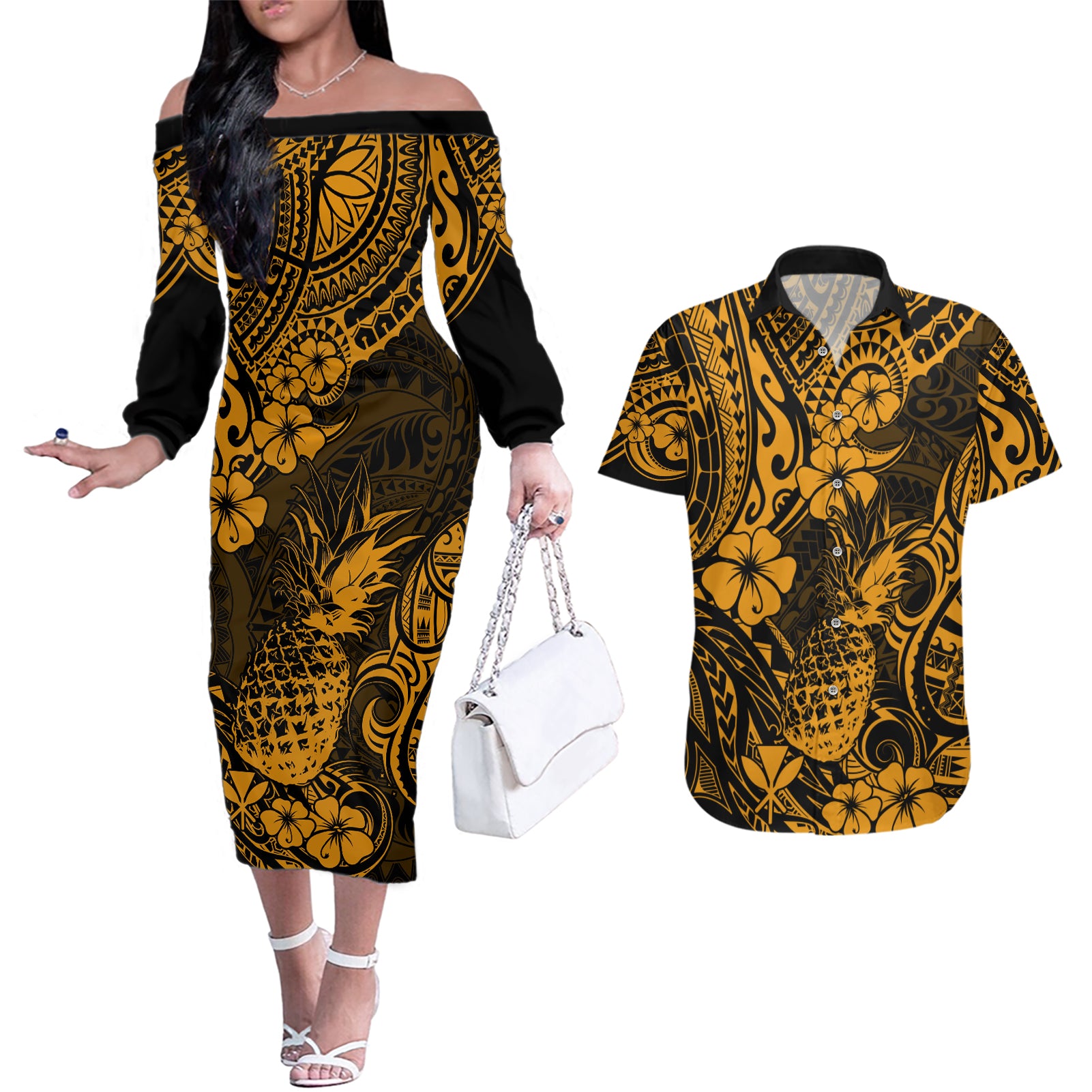 Hawaii Pineapple Couples Matching Off The Shoulder Long Sleeve Dress and Hawaiian Shirt Paradise Flowers Pacific With Gold Polynesian Tribal - Wonder Print Shop