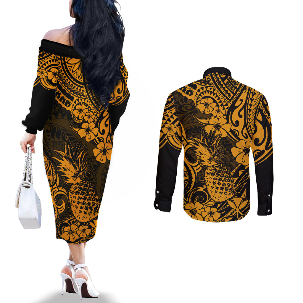 hawaii-pineapple-couples-matching-off-the-shoulder-long-sleeve-dress-and-long-sleeve-button-shirts-paradise-flowers-pacific-with-gold-polynesian-tribal