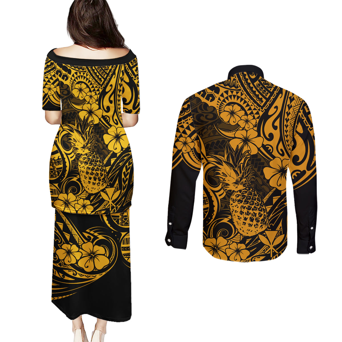 Hawaii Pineapple Couples Matching Puletasi Dress and Long Sleeve Button Shirts Paradise Flowers Pacific With Gold Polynesian Tribal - Wonder Print Shop