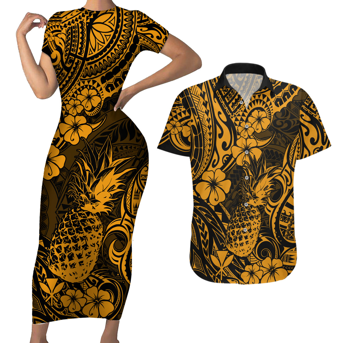 Hawaii Pineapple Couples Matching Short Sleeve Bodycon Dress and Hawaiian Shirt Paradise Flowers Pacific With Gold Polynesian Tribal - Wonder Print Shop