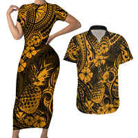 Hawaii Pineapple Couples Matching Short Sleeve Bodycon Dress and Hawaiian Shirt Paradise Flowers Pacific With Gold Polynesian Tribal - Wonder Print Shop