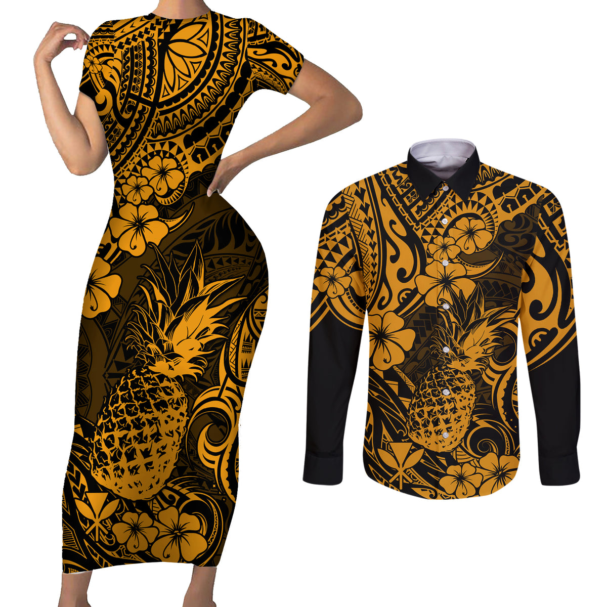 Hawaii Pineapple Couples Matching Short Sleeve Bodycon Dress and Long Sleeve Button Shirts Paradise Flowers Pacific With Gold Polynesian Tribal - Wonder Print Shop