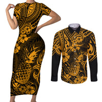 Hawaii Pineapple Couples Matching Short Sleeve Bodycon Dress and Long Sleeve Button Shirts Paradise Flowers Pacific With Gold Polynesian Tribal - Wonder Print Shop