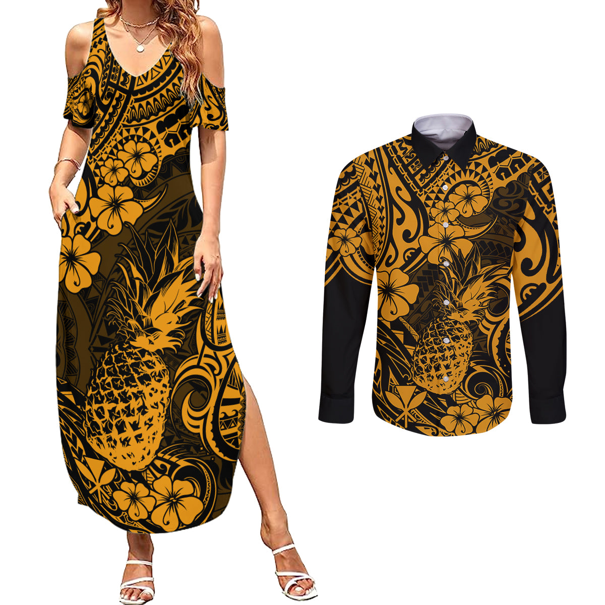Hawaii Pineapple Couples Matching Summer Maxi Dress and Long Sleeve Button Shirts Paradise Flowers Pacific With Gold Polynesian Tribal - Wonder Print Shop