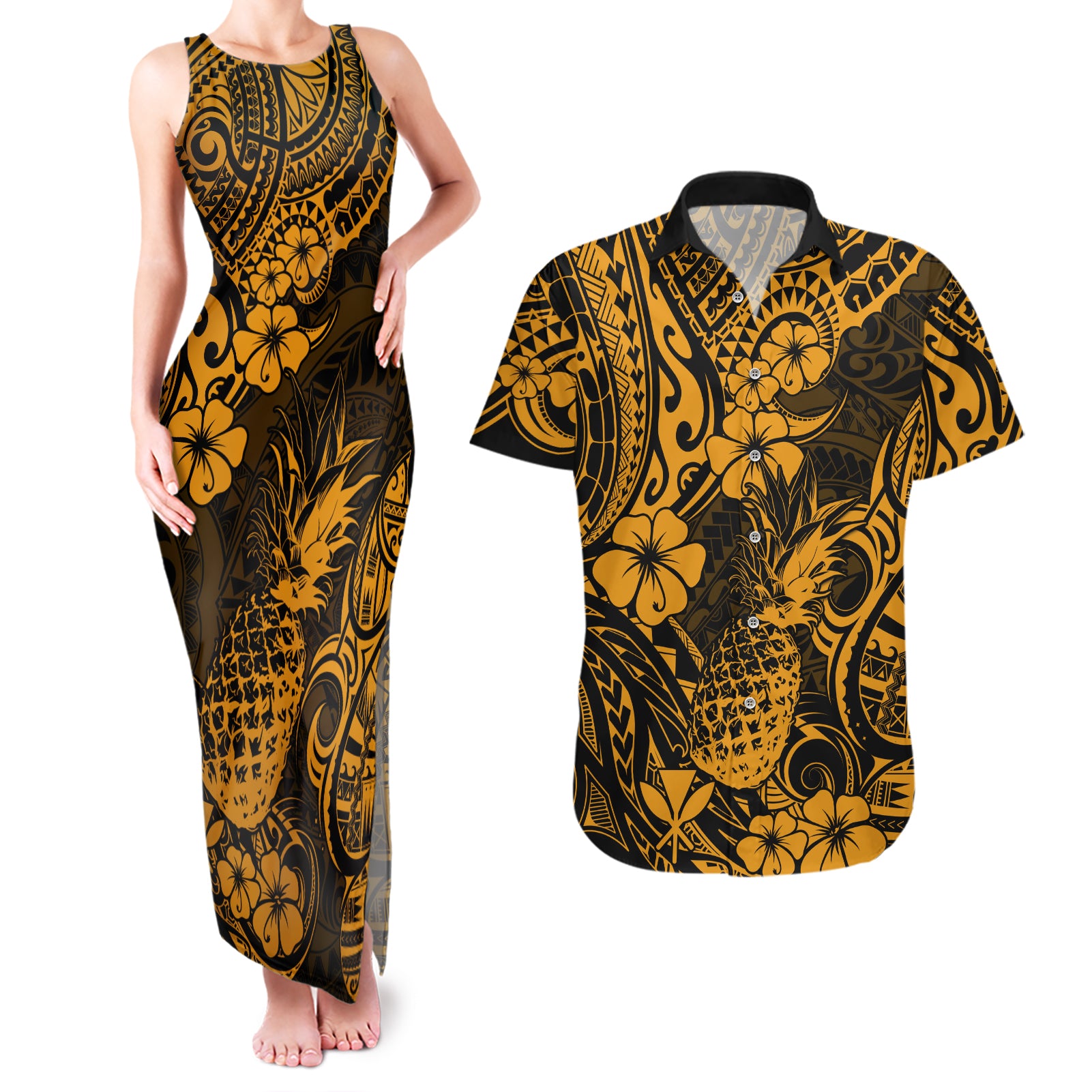 Hawaii Pineapple Couples Matching Tank Maxi Dress and Hawaiian Shirt Paradise Flowers Pacific With Gold Polynesian Tribal - Wonder Print Shop