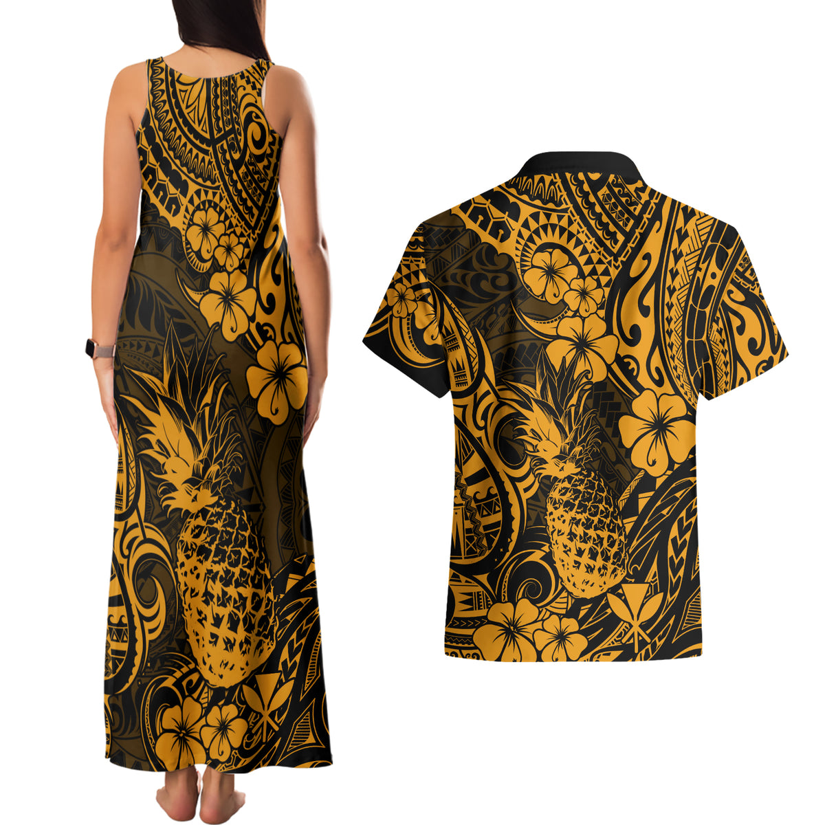 Hawaii Pineapple Couples Matching Tank Maxi Dress and Hawaiian Shirt Paradise Flowers Pacific With Gold Polynesian Tribal - Wonder Print Shop