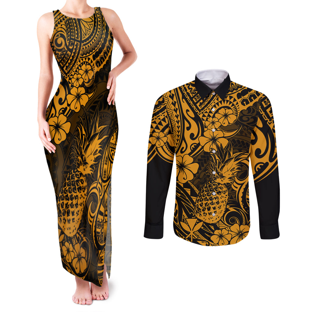 Hawaii Pineapple Couples Matching Tank Maxi Dress and Long Sleeve Button Shirts Paradise Flowers Pacific With Gold Polynesian Tribal - Wonder Print Shop