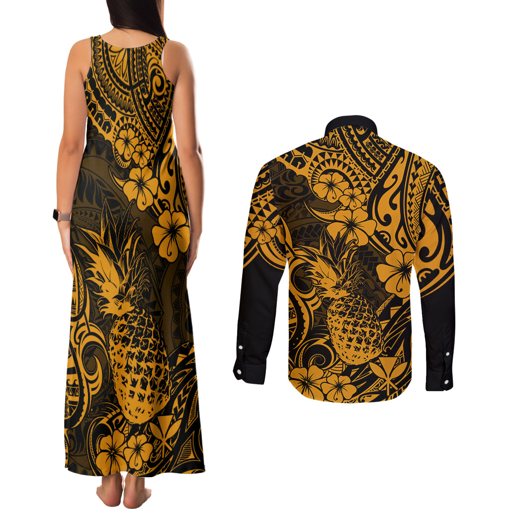 Hawaii Pineapple Couples Matching Tank Maxi Dress and Long Sleeve Button Shirts Paradise Flowers Pacific With Gold Polynesian Tribal - Wonder Print Shop