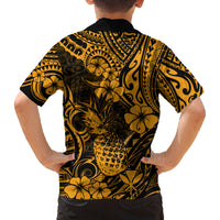 Hawaii Pineapple Family Matching Long Sleeve Bodycon Dress and Hawaiian Shirt Paradise Flowers Pacific With Gold Polynesian Tribal - Wonder Print Shop