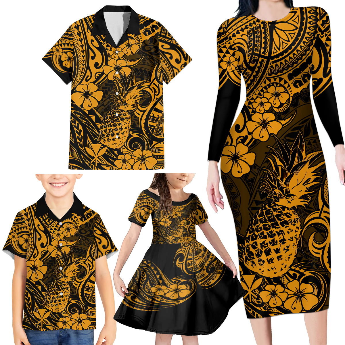 Hawaii Pineapple Family Matching Long Sleeve Bodycon Dress and Hawaiian Shirt Paradise Flowers Pacific With Gold Polynesian Tribal - Wonder Print Shop