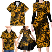 Hawaii Pineapple Family Matching Long Sleeve Bodycon Dress and Hawaiian Shirt Paradise Flowers Pacific With Gold Polynesian Tribal - Wonder Print Shop