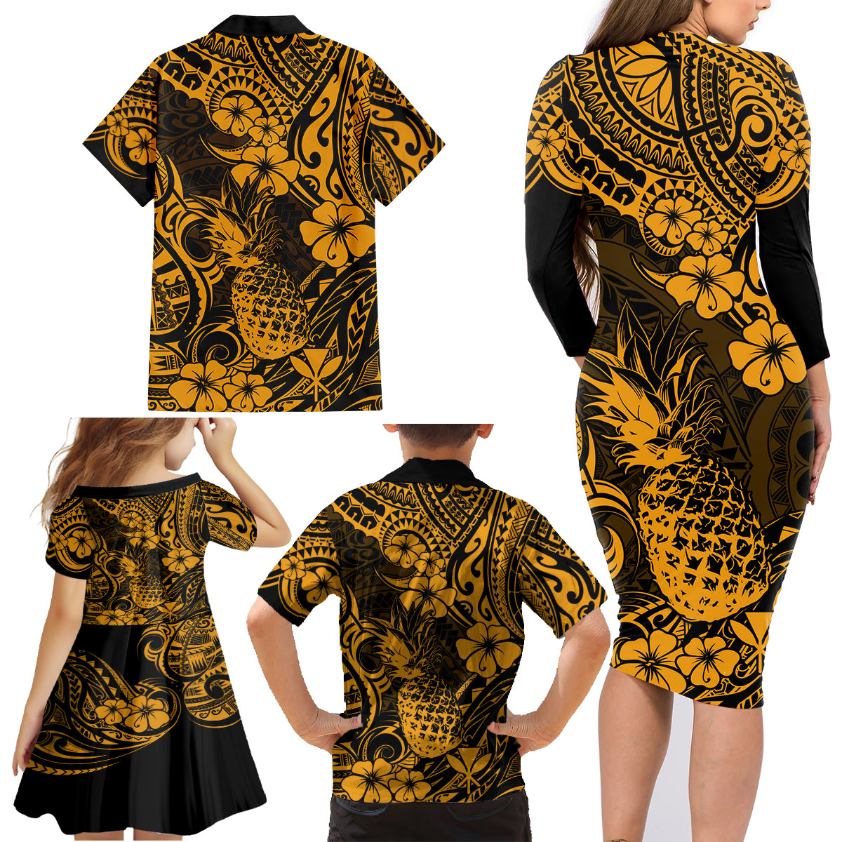 Hawaii Pineapple Family Matching Long Sleeve Bodycon Dress and Hawaiian Shirt Paradise Flowers Pacific With Gold Polynesian Tribal - Wonder Print Shop