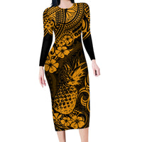 Hawaii Pineapple Family Matching Long Sleeve Bodycon Dress and Hawaiian Shirt Paradise Flowers Pacific With Gold Polynesian Tribal - Wonder Print Shop