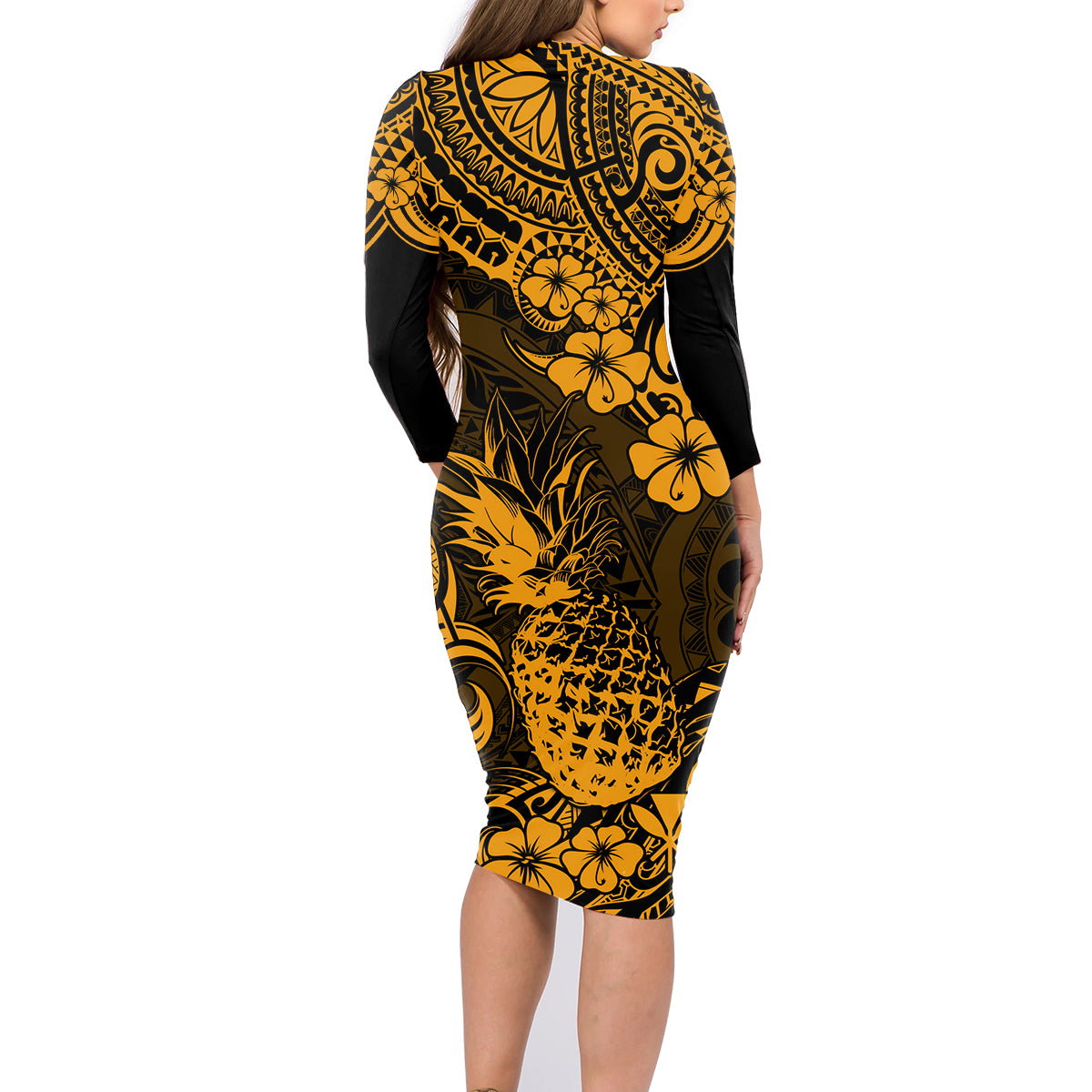 Hawaii Pineapple Family Matching Long Sleeve Bodycon Dress and Hawaiian Shirt Paradise Flowers Pacific With Gold Polynesian Tribal - Wonder Print Shop