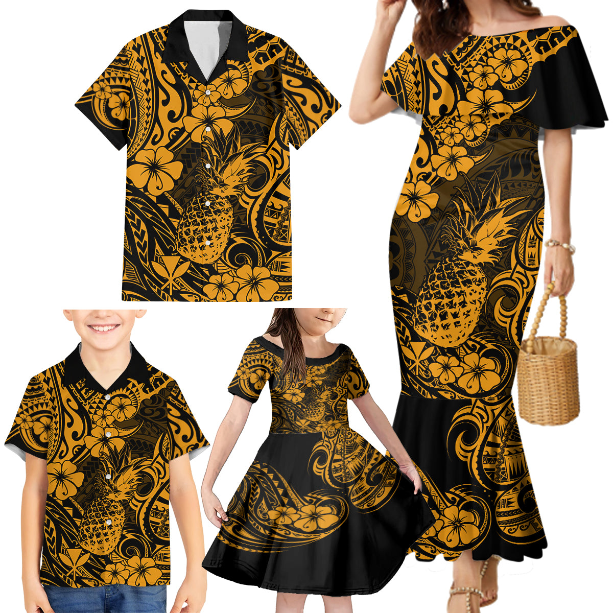 Hawaii Pineapple Family Matching Mermaid Dress and Hawaiian Shirt Paradise Flowers Pacific With Gold Polynesian Tribal - Wonder Print Shop