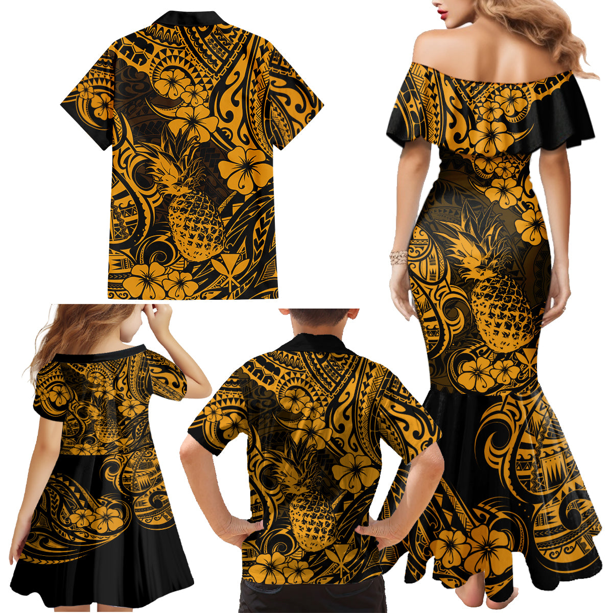 Hawaii Pineapple Family Matching Mermaid Dress and Hawaiian Shirt Paradise Flowers Pacific With Gold Polynesian Tribal - Wonder Print Shop