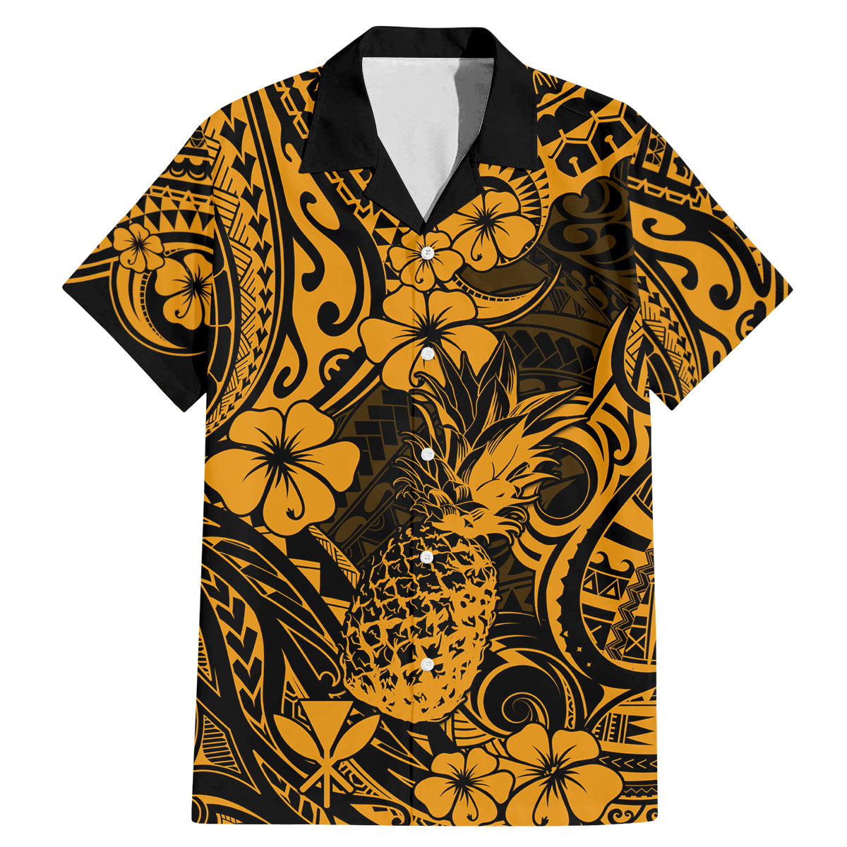 Hawaii Pineapple Family Matching Mermaid Dress and Hawaiian Shirt Paradise Flowers Pacific With Gold Polynesian Tribal - Wonder Print Shop