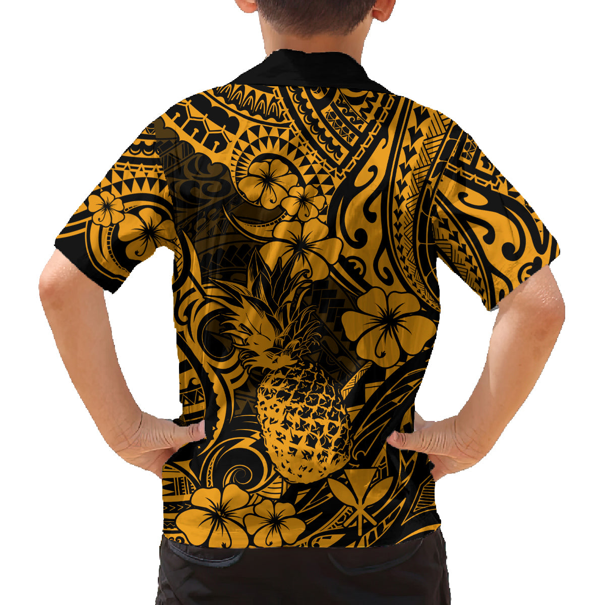 Hawaii Pineapple Family Matching Off Shoulder Long Sleeve Dress and Hawaiian Shirt Paradise Flowers Pacific With Gold Polynesian Tribal - Wonder Print Shop
