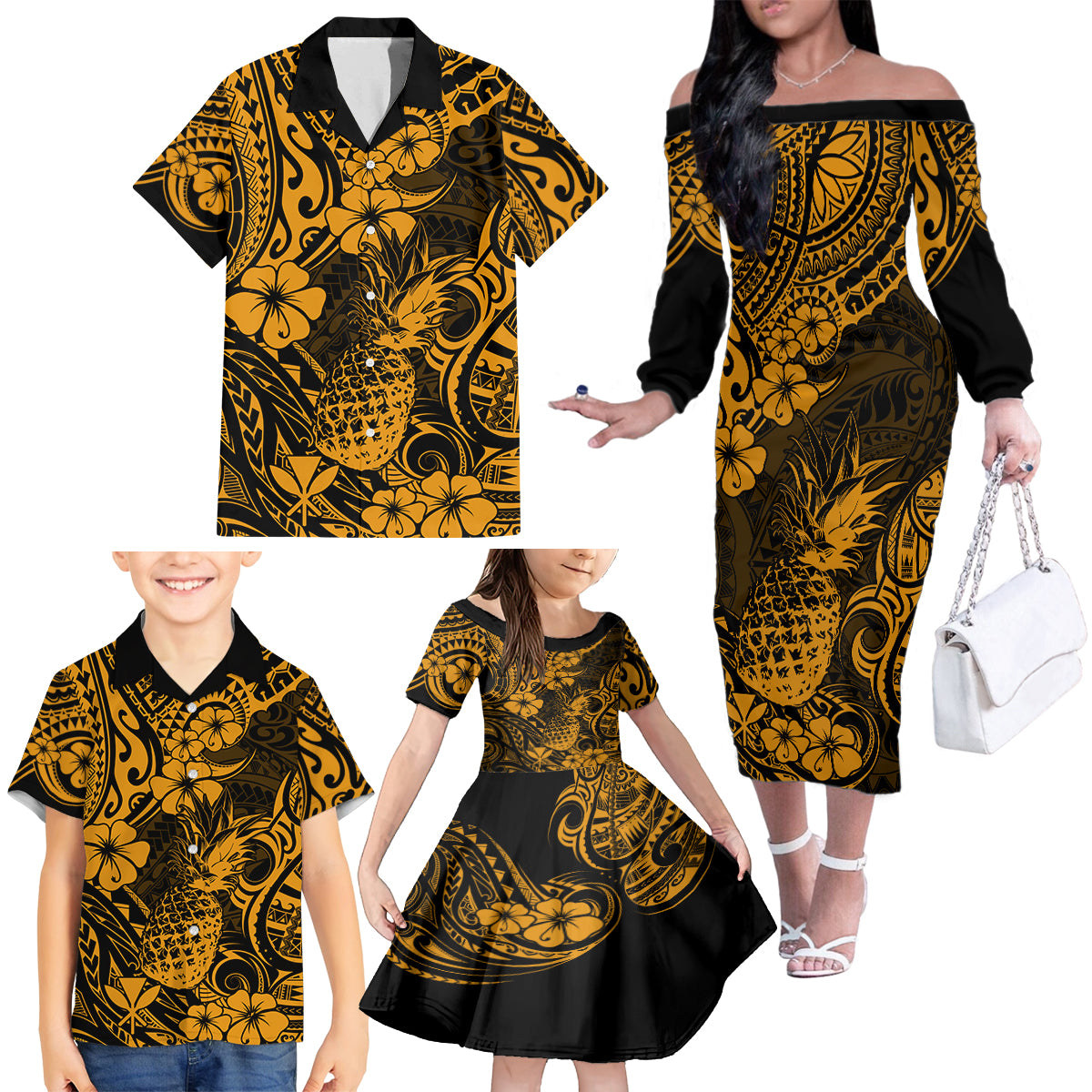 Hawaii Pineapple Family Matching Off Shoulder Long Sleeve Dress and Hawaiian Shirt Paradise Flowers Pacific With Gold Polynesian Tribal - Wonder Print Shop