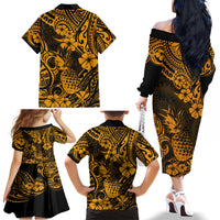 Hawaii Pineapple Family Matching Off Shoulder Long Sleeve Dress and Hawaiian Shirt Paradise Flowers Pacific With Gold Polynesian Tribal - Wonder Print Shop