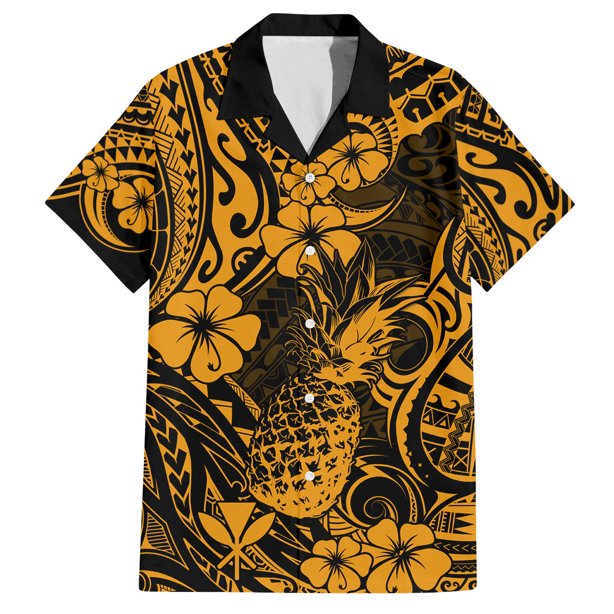 Hawaii Pineapple Family Matching Off Shoulder Long Sleeve Dress and Hawaiian Shirt Paradise Flowers Pacific With Gold Polynesian Tribal - Wonder Print Shop
