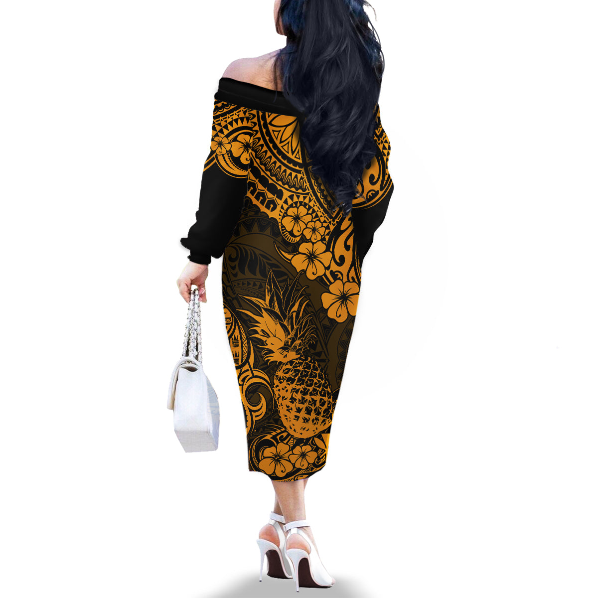 Hawaii Pineapple Family Matching Off Shoulder Long Sleeve Dress and Hawaiian Shirt Paradise Flowers Pacific With Gold Polynesian Tribal - Wonder Print Shop