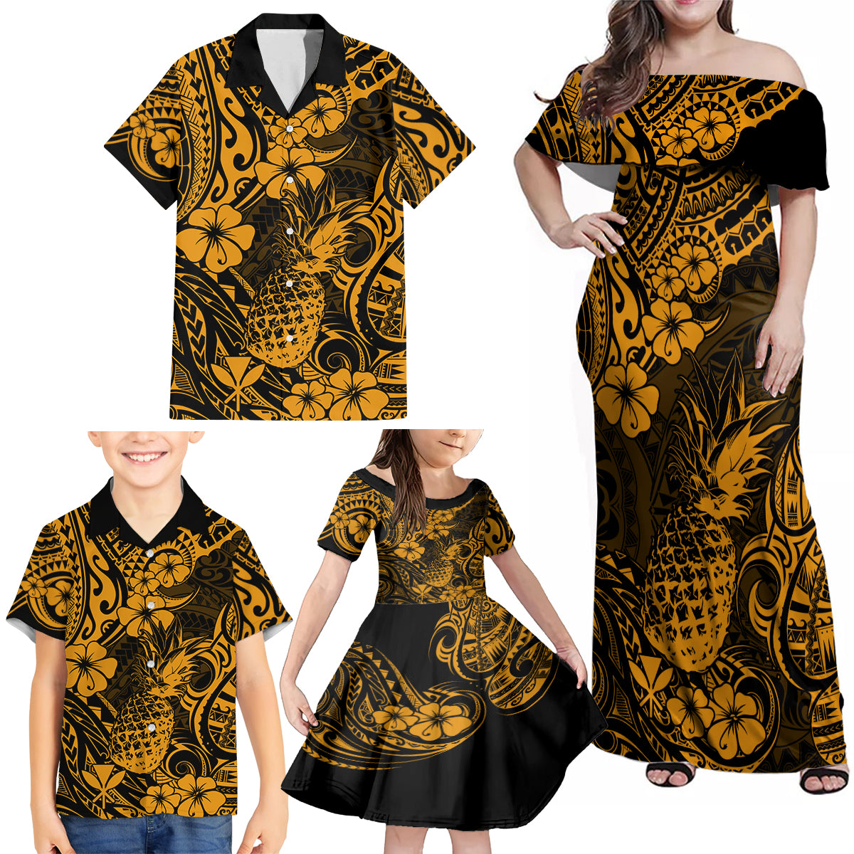 Hawaii Pineapple Family Matching Off Shoulder Maxi Dress and Hawaiian Shirt Paradise Flowers Pacific With Gold Polynesian Tribal - Wonder Print Shop