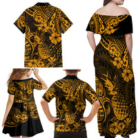 Hawaii Pineapple Family Matching Off Shoulder Maxi Dress and Hawaiian Shirt Paradise Flowers Pacific With Gold Polynesian Tribal - Wonder Print Shop