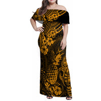 Hawaii Pineapple Family Matching Off Shoulder Maxi Dress and Hawaiian Shirt Paradise Flowers Pacific With Gold Polynesian Tribal - Wonder Print Shop