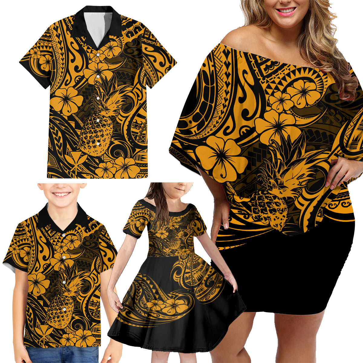 Hawaii Pineapple Family Matching Off Shoulder Short Dress and Hawaiian Shirt Paradise Flowers Pacific With Gold Polynesian Tribal - Wonder Print Shop