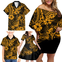 Hawaii Pineapple Family Matching Off Shoulder Short Dress and Hawaiian Shirt Paradise Flowers Pacific With Gold Polynesian Tribal - Wonder Print Shop