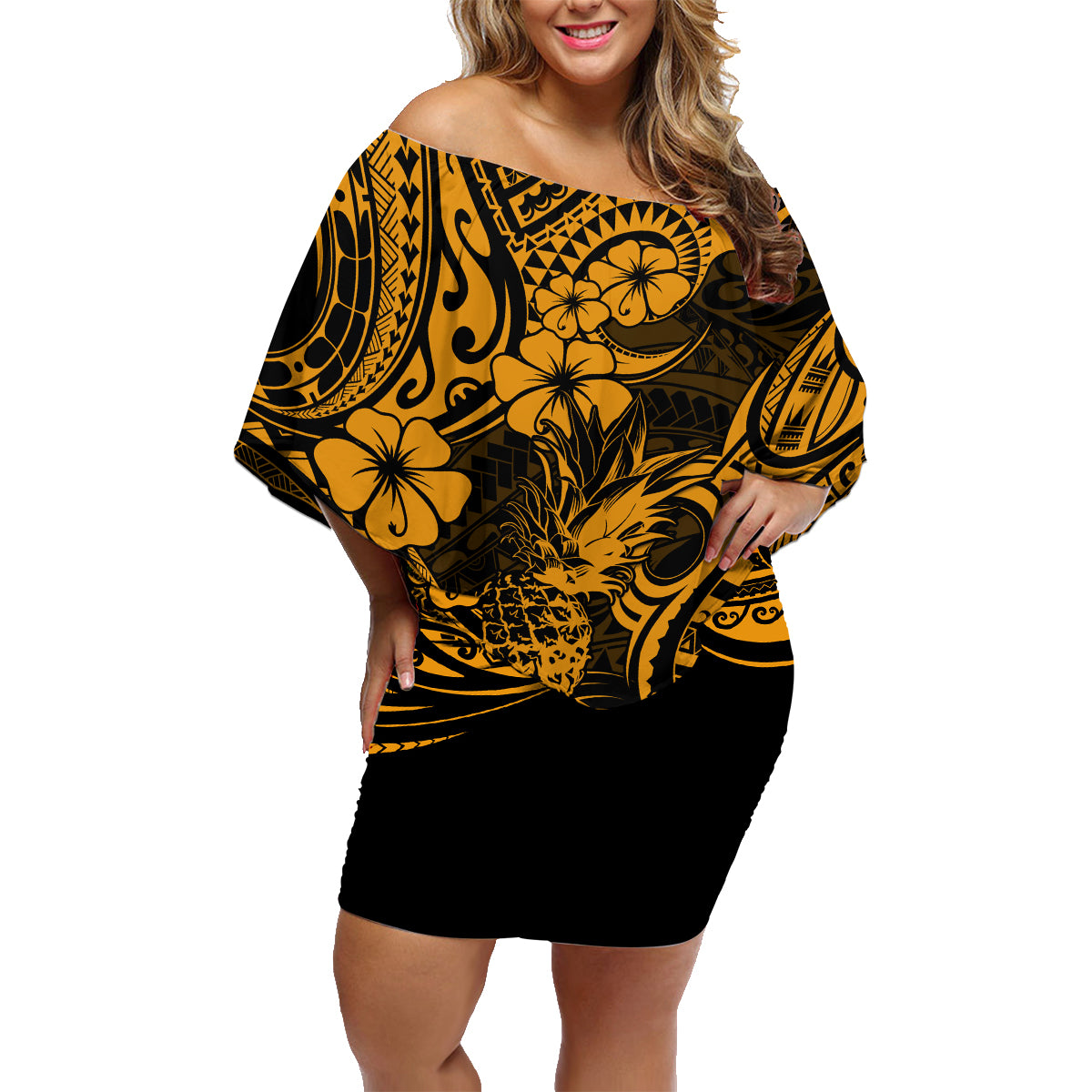 Hawaii Pineapple Family Matching Off Shoulder Short Dress and Hawaiian Shirt Paradise Flowers Pacific With Gold Polynesian Tribal - Wonder Print Shop
