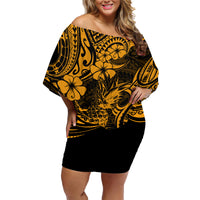 Hawaii Pineapple Family Matching Off Shoulder Short Dress and Hawaiian Shirt Paradise Flowers Pacific With Gold Polynesian Tribal - Wonder Print Shop