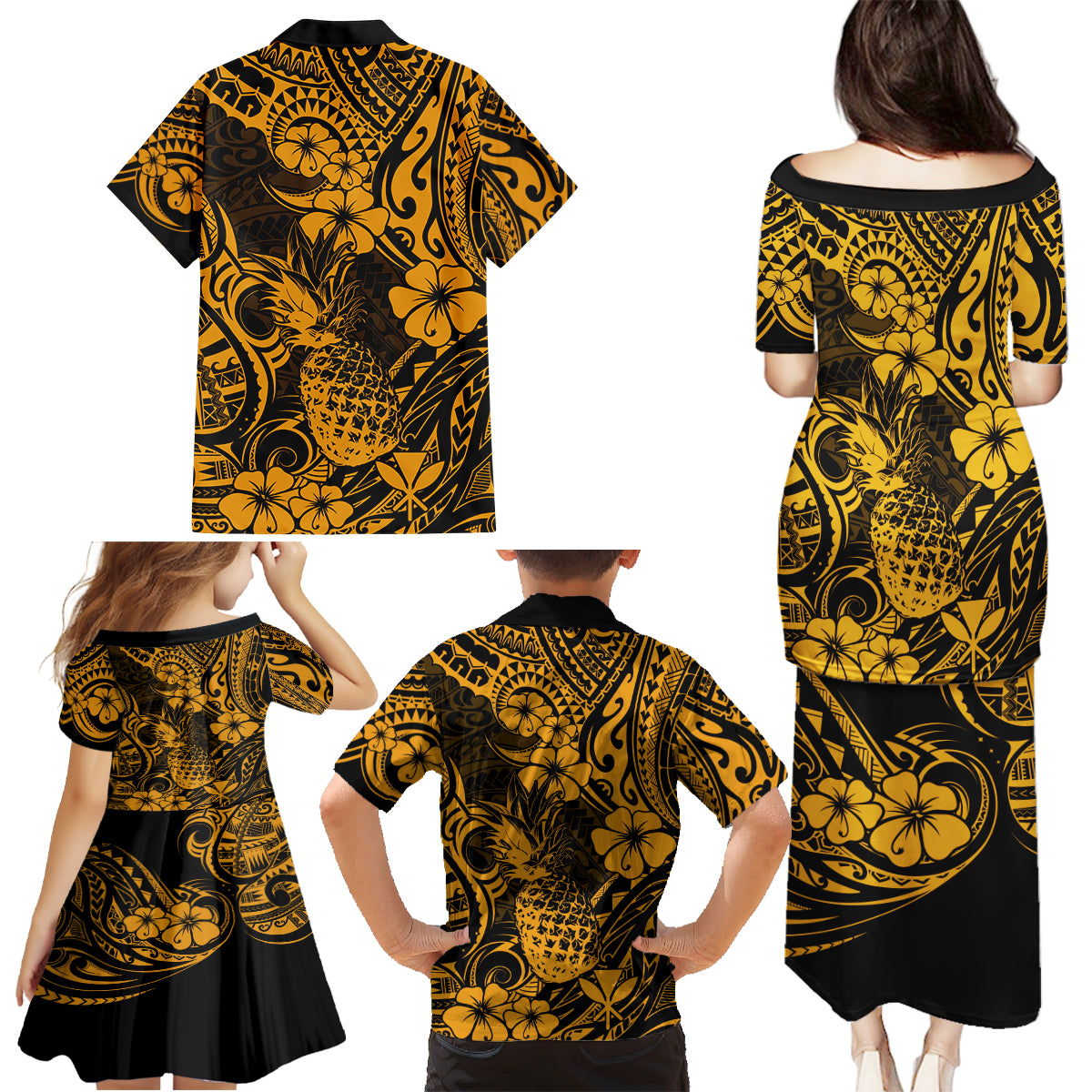 Hawaii Pineapple Family Matching Puletasi Dress and Hawaiian Shirt Paradise Flowers Pacific With Gold Polynesian Tribal - Wonder Print Shop