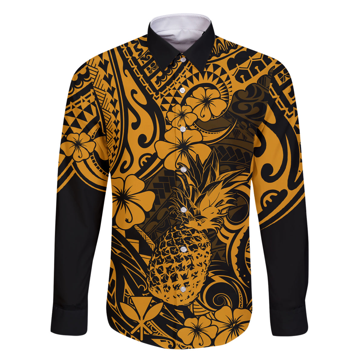 Hawaii Pineapple Family Matching Puletasi Dress and Hawaiian Shirt Paradise Flowers Pacific With Gold Polynesian Tribal - Wonder Print Shop