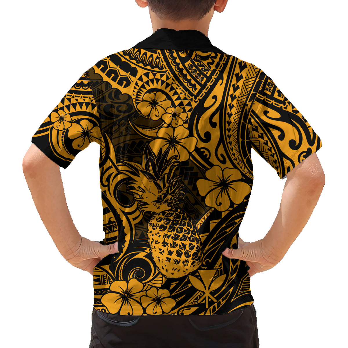 Hawaii Pineapple Family Matching Short Sleeve Bodycon Dress and Hawaiian Shirt Paradise Flowers Pacific With Gold Polynesian Tribal - Wonder Print Shop
