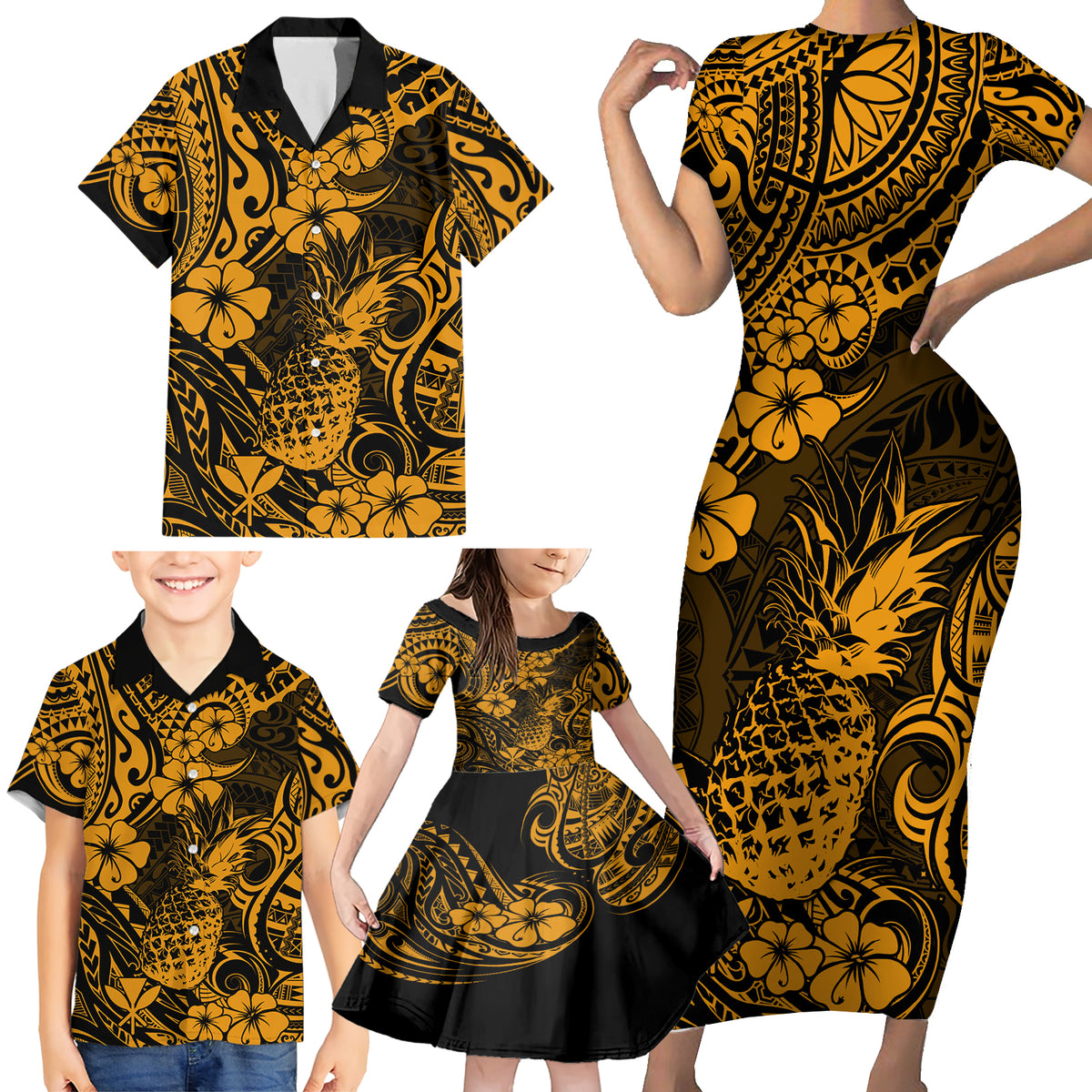 Hawaii Pineapple Family Matching Short Sleeve Bodycon Dress and Hawaiian Shirt Paradise Flowers Pacific With Gold Polynesian Tribal - Wonder Print Shop