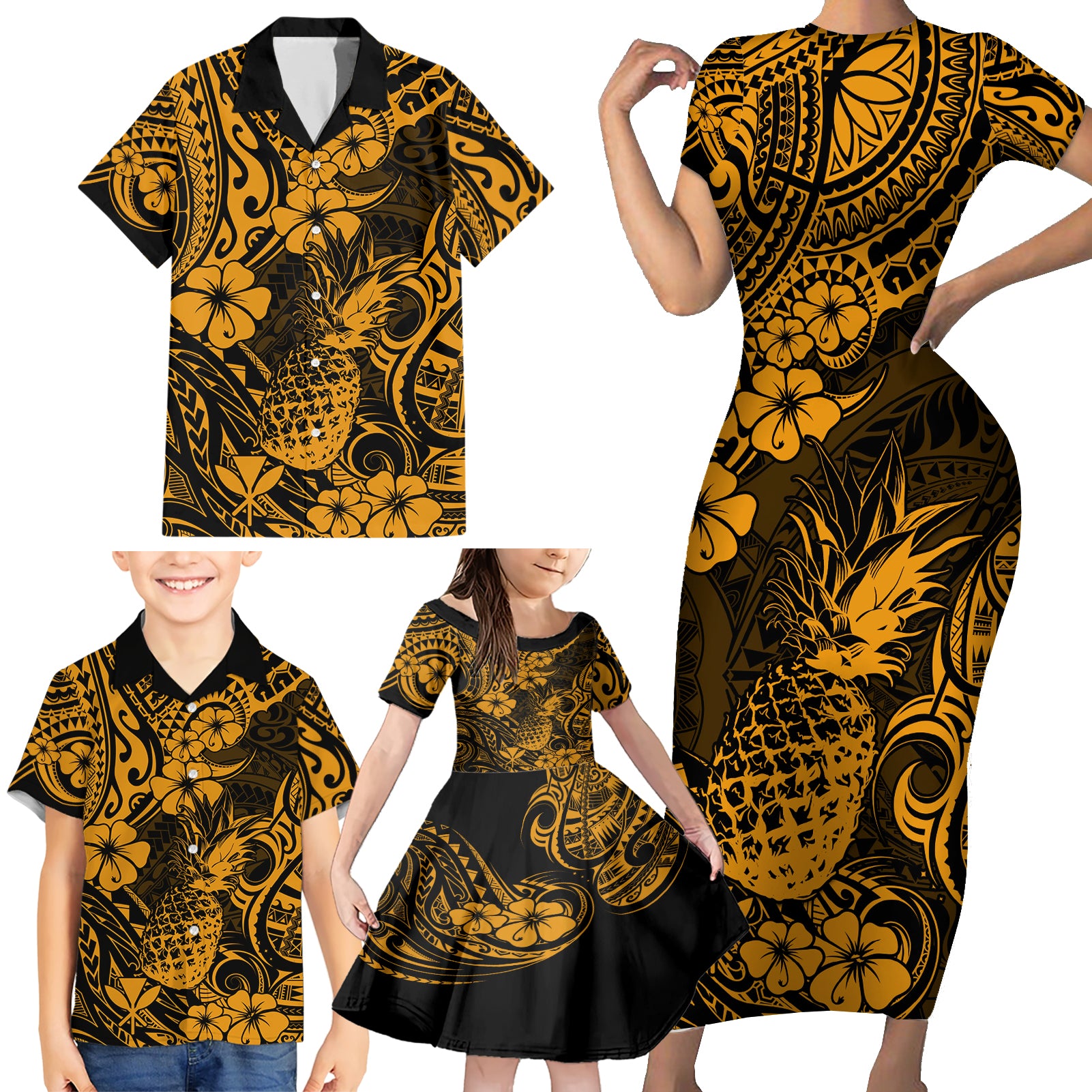 Hawaii Pineapple Family Matching Short Sleeve Bodycon Dress and Hawaiian Shirt Paradise Flowers Pacific With Gold Polynesian Tribal - Wonder Print Shop